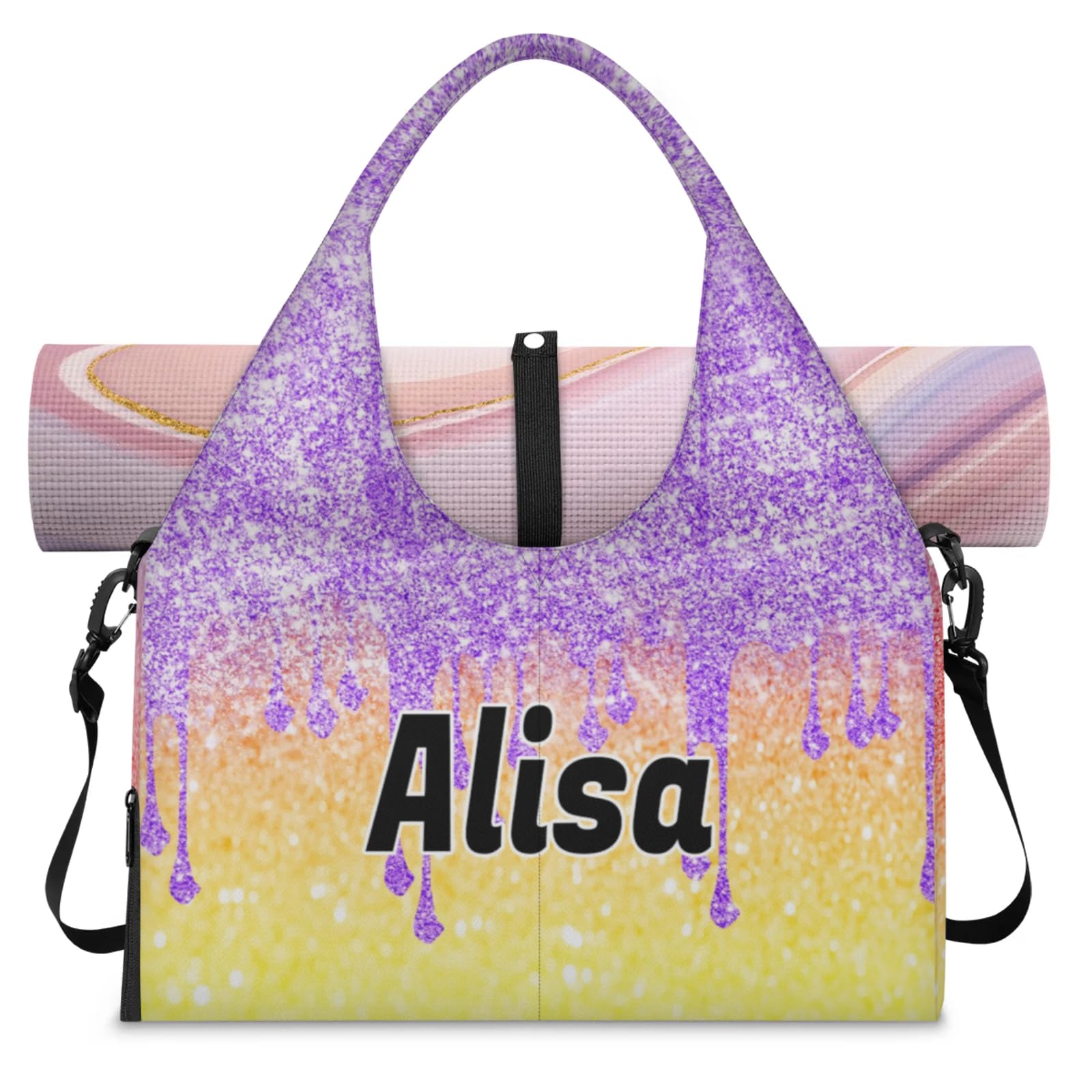 KFNHN Personalized Yoga Gym Bags for Women with Shoes Compartment, Wet Dry Storage Pockets Pilates Beach Bag, Light Purple Fluid Glittering with Yellow Bling