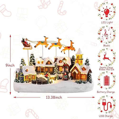 Miniatura 6 de WONDER GARDEN Edificios coleccionables de pueblo navideño, Papá Noel montando en trineo con 3 alces cálidos adornos de Navidad para decoraciones
