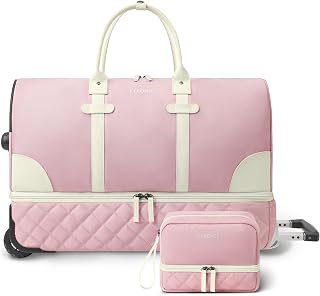 ETRONIK Rolling Duffle Bag with Wheels, 21 Inch Flight Approved Duffle for Travel with Toiletry Bag, Carry on Luggage Overnight Bags for Women with Shoe Compartment Pink