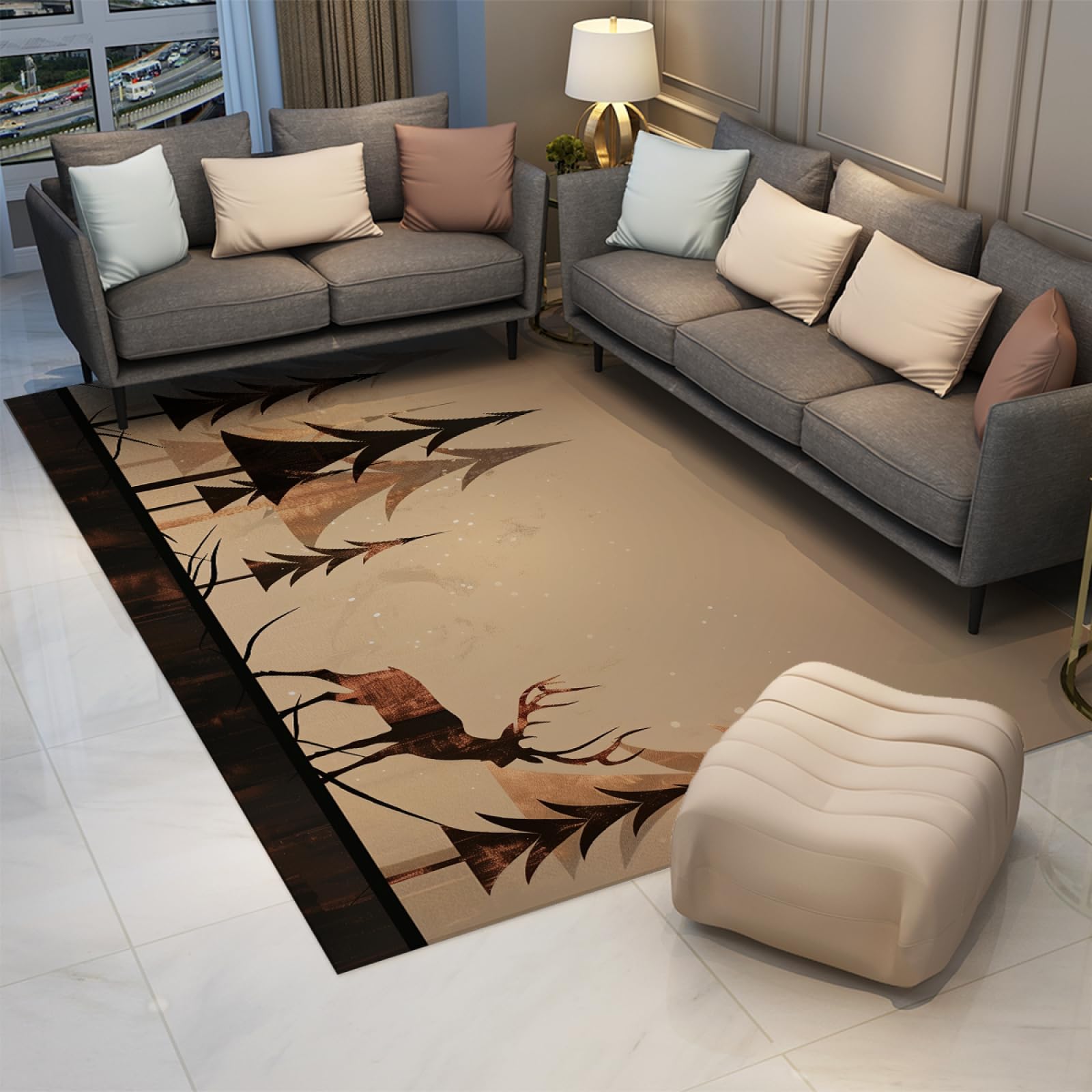 Alfombra de área de Estilo nórdico para Dormitorio Alfombra temática navideña de Pelo bajo Bosque de Pino Alce alfombras de patrón para Chimenea de Sala de Estar 180x280cm