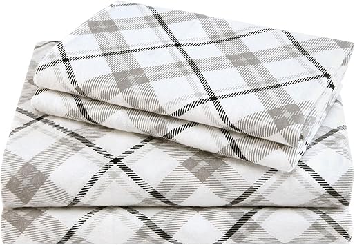 Comfort Spaces Cotton Flannel Sheets Queen Size, Ultra Soft Flannel Sheet Set with 14" Elastic Pocket , Plaid Print Warm Flannel Bedding, Grey Plaid 4 Piece