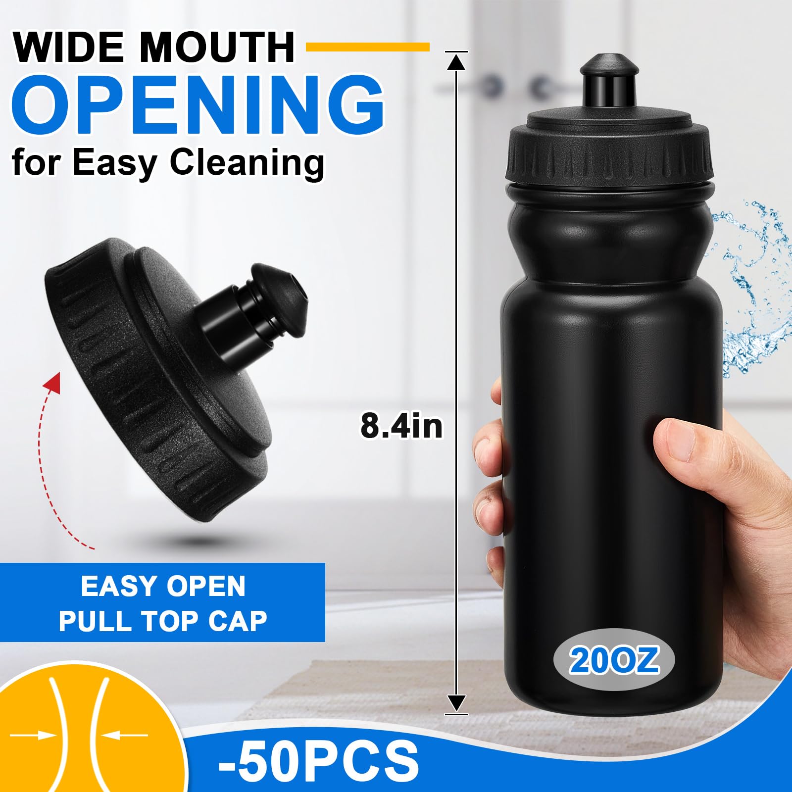50 botellas de agua deportivas de 20 onzas, botellas de agua reutilizables a granel, botellas de agua de plástico sin BPA, botellas de agua en blanco para grandes eventos deportivos, niños, niñas y