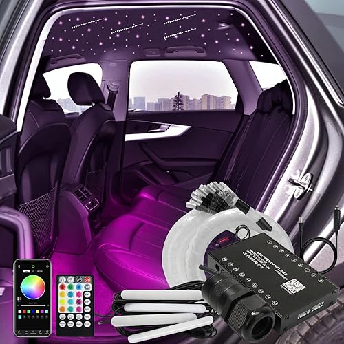 AKEPO 3 en 1 Starlight Headliner Kits: Efecto Meteoro+6W RGBW Fibra Óptica Estrellas Luces+4 Coche Bajo Dash LED Luz, Música Sync App Control Fibras