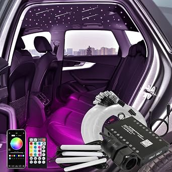 AKEPO 3-in-1 Starlight Headliner Kits Meteor Effect+6W RGBW Fiber Optic Stars Lights+ 4 Car Under Dash LED Light, Music Sync App Control Optical Fibers 295pcs Mixed Diameterin 9.8ft