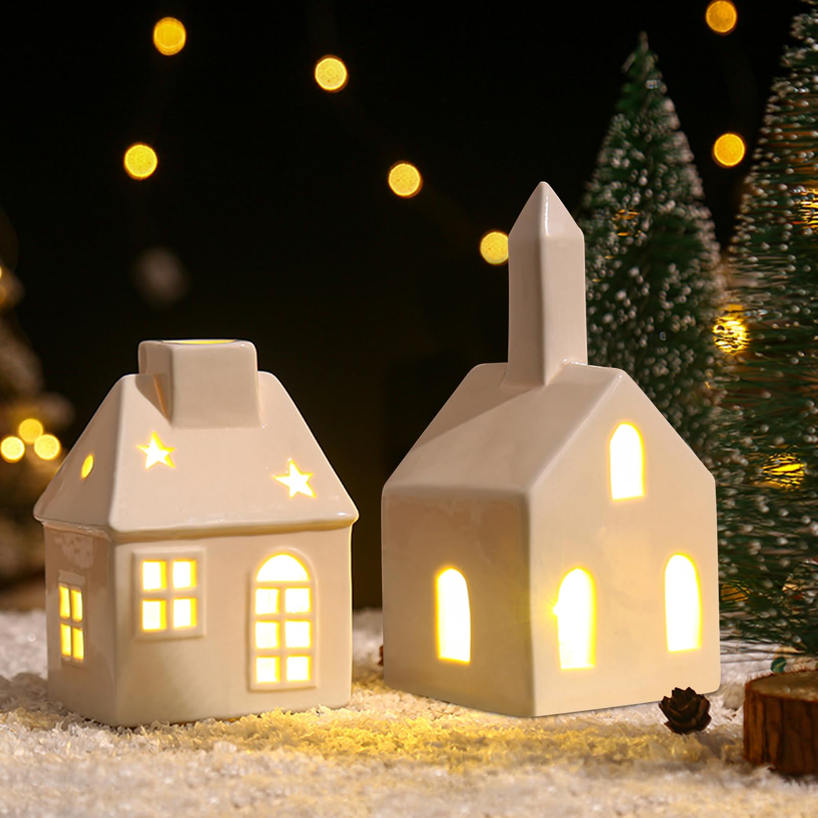 Weihnachtsdeko Porzellan Häuser Weiß, Weihnachtshaus Beleuchtet Lichthaus Keramik, Lichthaus Weiss Weihnachtsdorf Mit Batteriebetriebenen