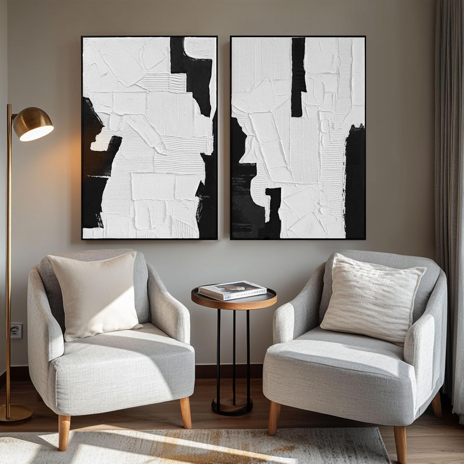 SAFERRYHOME 3D Textured Wall Art Hand-painted Black and White Abstract Plaster Effect Canvas - Minimalist Modern Living Room Bedroom Decor Framed Set of 2-24"x36" Each