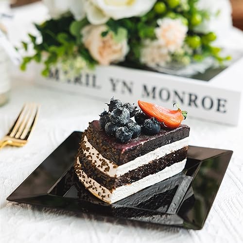 Miniatura 4 de 100 Pack Black Plastic Square Dessert Plates, 6.5" Disposable Salad Plates Heavy Duty Plates for Party, Wedding, Christmas, Easter