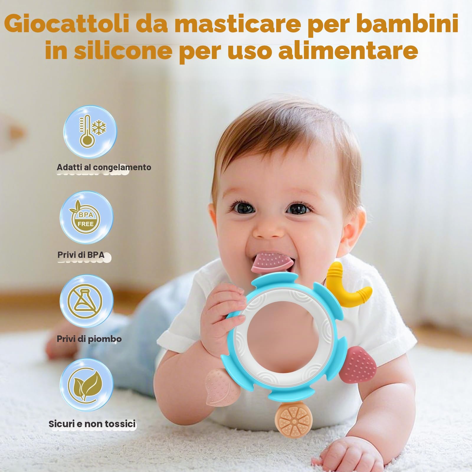 Massaggiagengive Silicone Neonati 0-6 Mesi Dentizione Giochi Sensoriale Bambina Bambino 1 Anno Blu