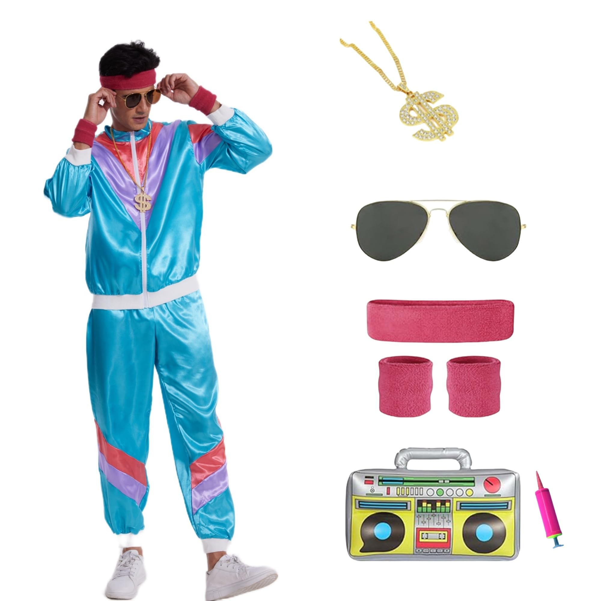 sachin and babi light blue dress 5 Piece 80s 90s Fancy Dress Accessories Set For Men And Women With Hat, N