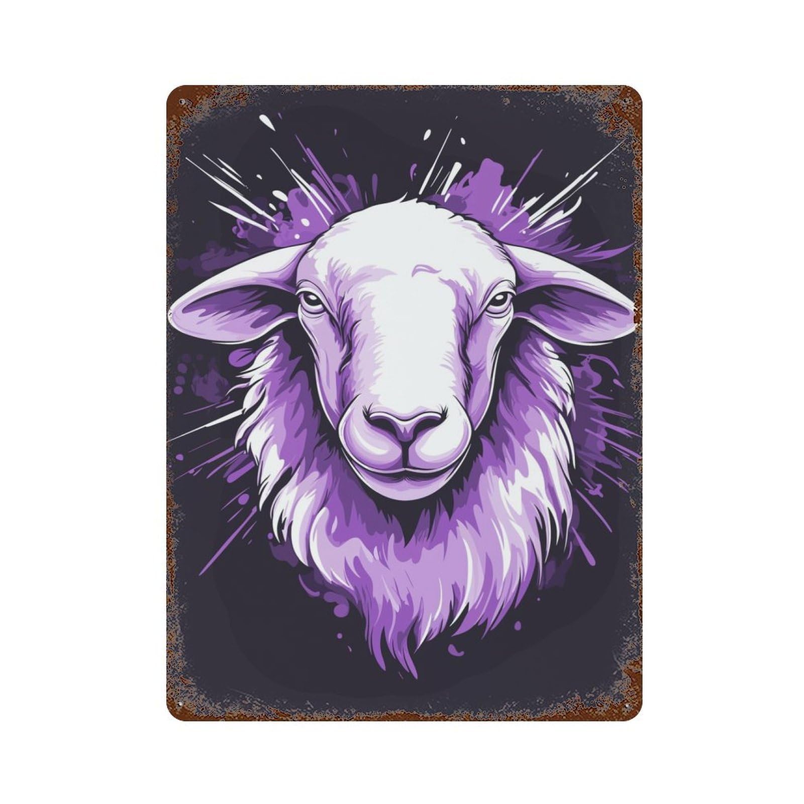 Weathered Tin Sign Purple Sheep Illustration 15.7"x11.8", Rustic Home Decor for Bistro, Counter And Cafe Decor