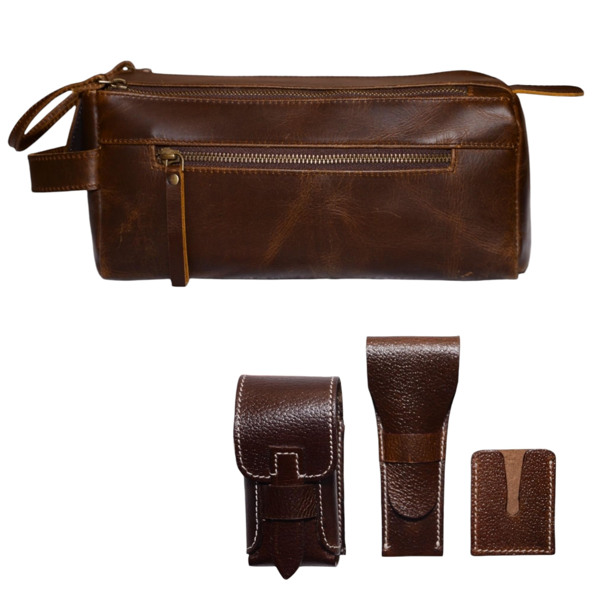 Premium Leather Toiletry Bag Travel Dopp Kit Unisex (King Size) extra 3 Leather items :Shaving Brush Case, Razor Protective Travel Case (Combo of 4 Items)