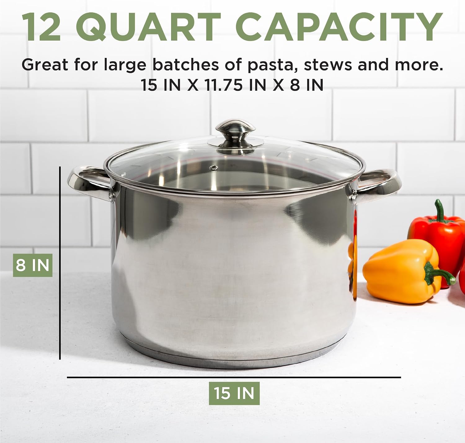 Ecolution Pure Intentions Stock Pot - Features Tempered Glass Lid, Stay-Cool Handles, and Encapsulated Bottom - Oven Safe - Curbside Recyclable Stainless Steel - 12 Quarts
