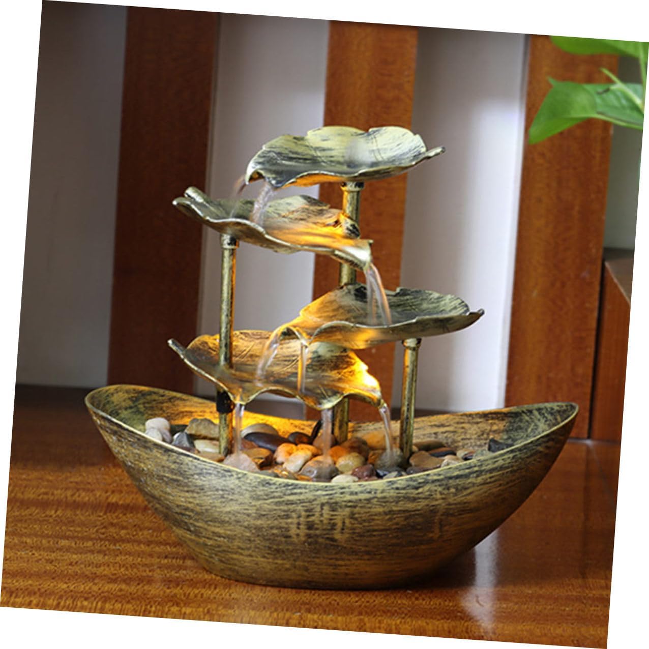 Creative Lotus Leaf Ingot Desktop Fountain with Flowing Water and LED Night Light Indoor Tabletop Ornament for Living Bedroom Office Stress-Relief Home Decor