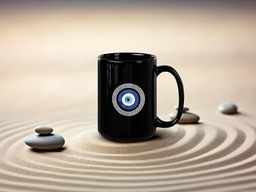 Miniatura 3 de Soul'n'Passions Taza de cerámica con estampado de llave griega Mati de mal de ojo griego, 15 onzas, color negro