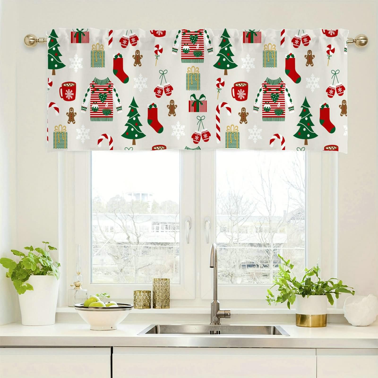Homxi Cortinas 1 Pieza Corta,1 x 152W x 45H CM,Cortinas Cortas Rojo Verde Blanco Patrón de Navidad Cortinas Cocina Cortas con Bolsillo