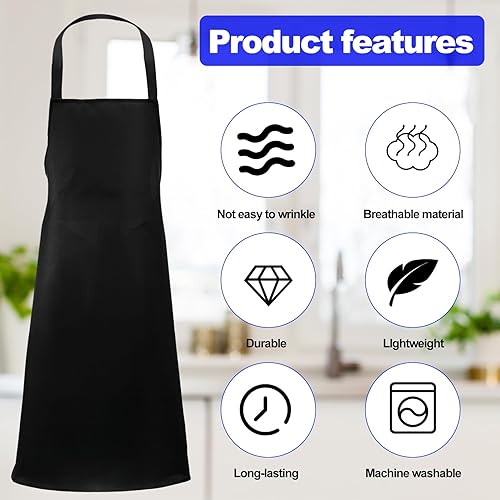 Miniatura 5 de Delantales unisex, paquete de 6 delantales con babero, delantales negros a granel, delantal de chef negro con lazos extralargos, delantal de chef
