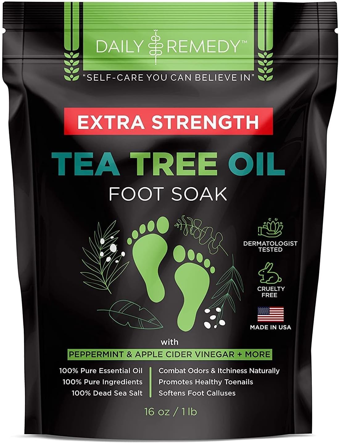 EXTRA STRENGTH Tea Tree Oil Foot Soak w/ Epsom Salt Made in USA Toenails，Athlete's Foot，Itchy Feet，Stubborn Smelly Foot Odor，Pedicure Calluses & Soothes Sore Tired Achy Feet 16 oz，Black