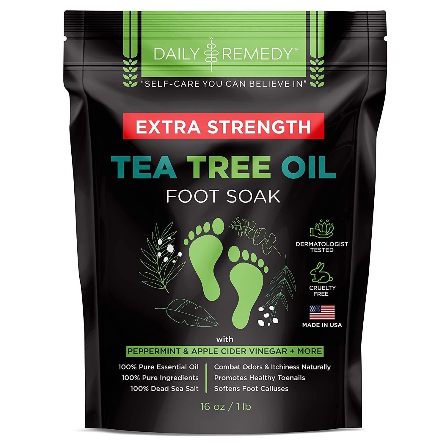 DAILY REMEDY EXTRA STRENGTH Tea Tree Oil Foot Soak w/ Epsom Salt Made in USA Toenails，Athlete’s Foot，Itchy Feet，Stubborn Smelly Foot Odor，Pedicure Calluses & Soothes Sore Tired Achy Feet 16 oz，Black
