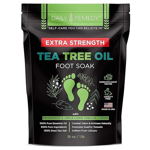 DAILY REMEDY EXTRA STRENGTH Tea Tree Oil Foot Soak w/ Epsom Salt Made in USA Toenails,Athlete's Foot,Itchy Feet,Stubborn Smelly Foot Odor,Pedicure Calluses & Soothes Sore Tired Achy Feet 16 oz,Black
