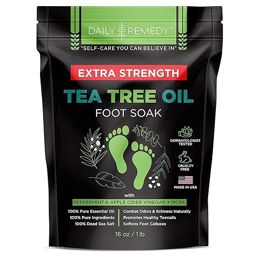 DAILY REMEDY EXTRA STRENGTH Tea Tree Oil Foot Soak w/ Epsom Salt Made in USA Toenails,Athlete's Foot,Itchy Feet,Stubborn Smelly Foot Odor,Pedicure Calluses & Soothes Sore Tired Achy Feet 16 oz,Black - Tea Tree Oil w/ Apple Cider Vinegar - 1 Pound (Pack of 1)