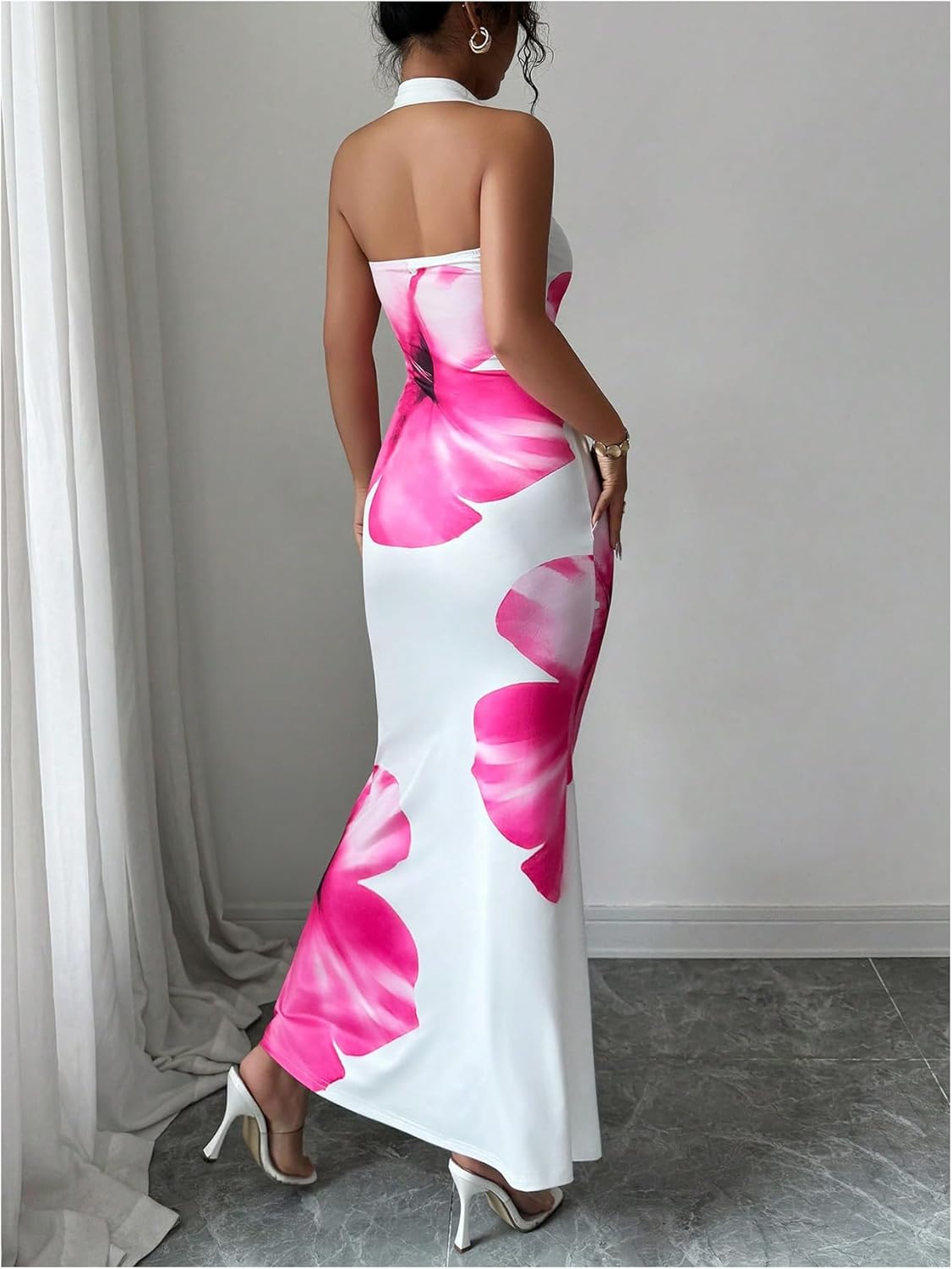 GORGLITTER Women's Floral Open Back Bodycon Maxi Dress Halter Neck Sleeveless Long Wedding Guest Cocktail Sundresses - Image 2