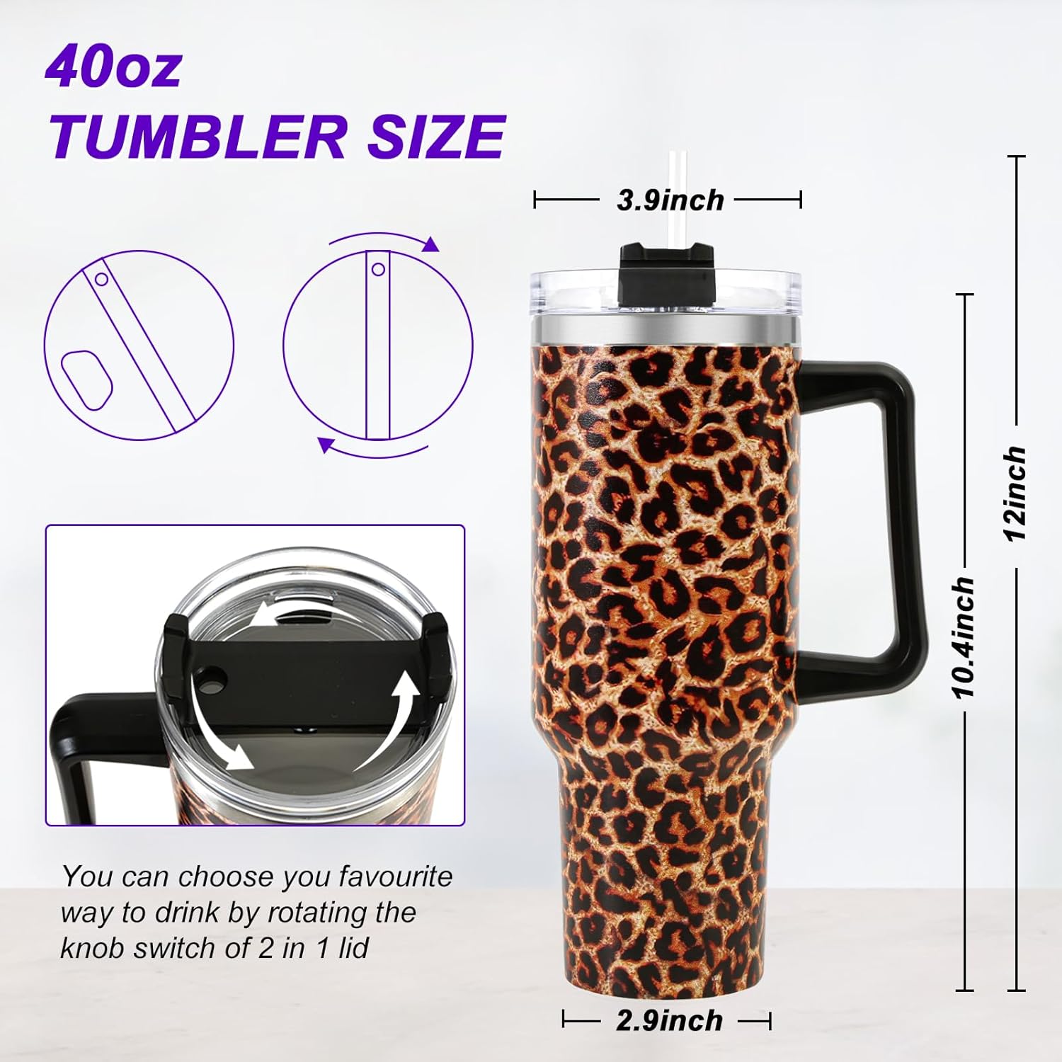 40 oz Tumbler with Handle and Flip Straw Lid, Vacuum Insulated Leak Proof Double Walled Stainless Steel Travel Mug Tumblers, Maintains Cold Ice and Heat for Hours(Leopard Brown Tumbler) - Image 2