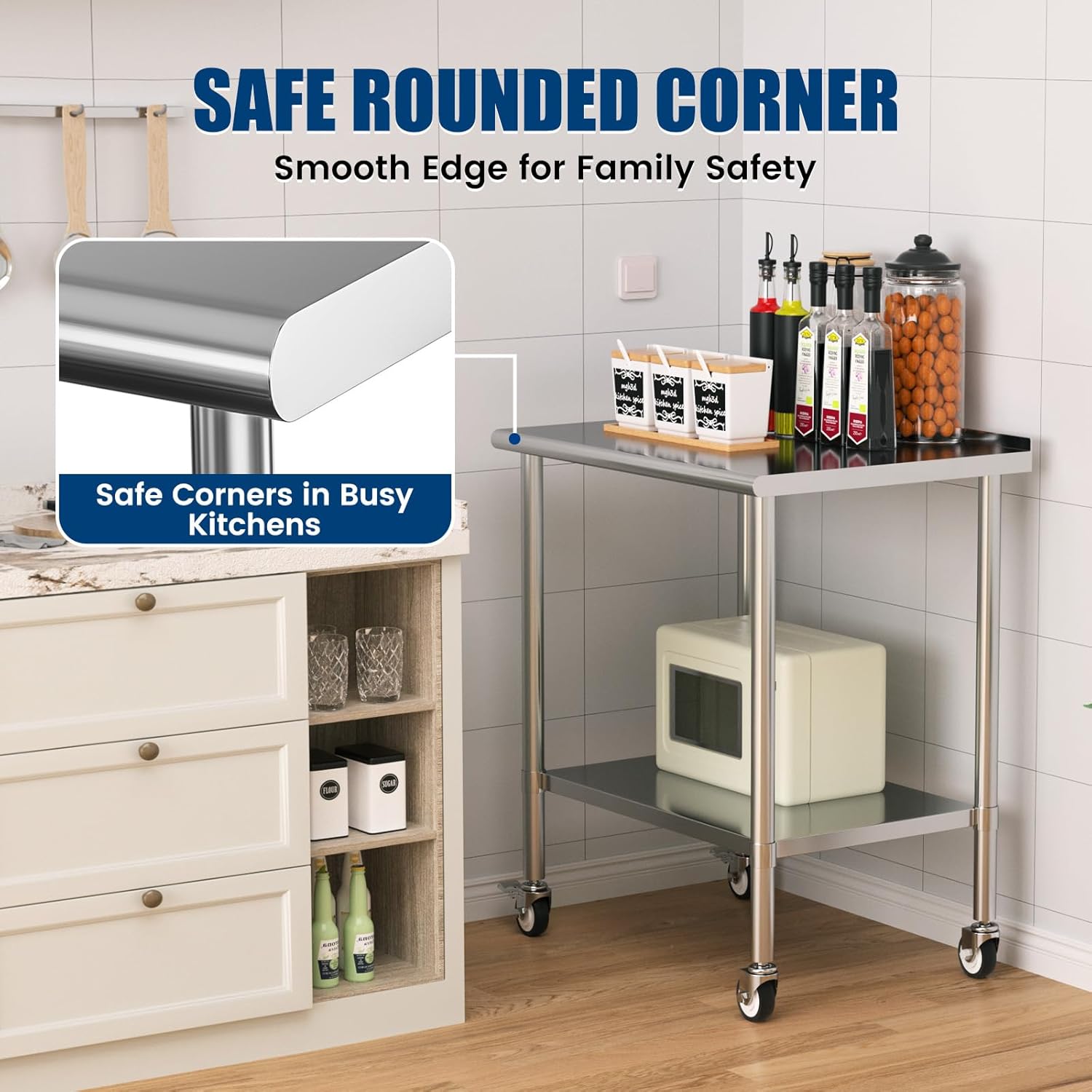 Stainless Steel Work Table with Wheels, 24x36 Inch NSF Food Prep Table with Backsplash & Adjustable Undershelves for Commercial Kitchen, Restaurant, Garage