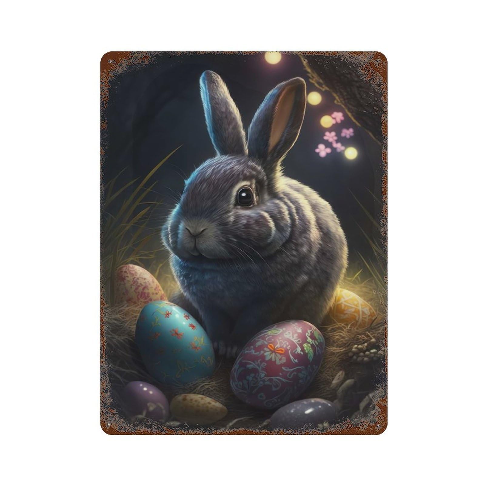 Weathered Tin Sign with Easter Bunny VII Design 15.7"x11.8", for Basement, Hobby Room And Garage Decor, Industrial Home Decor