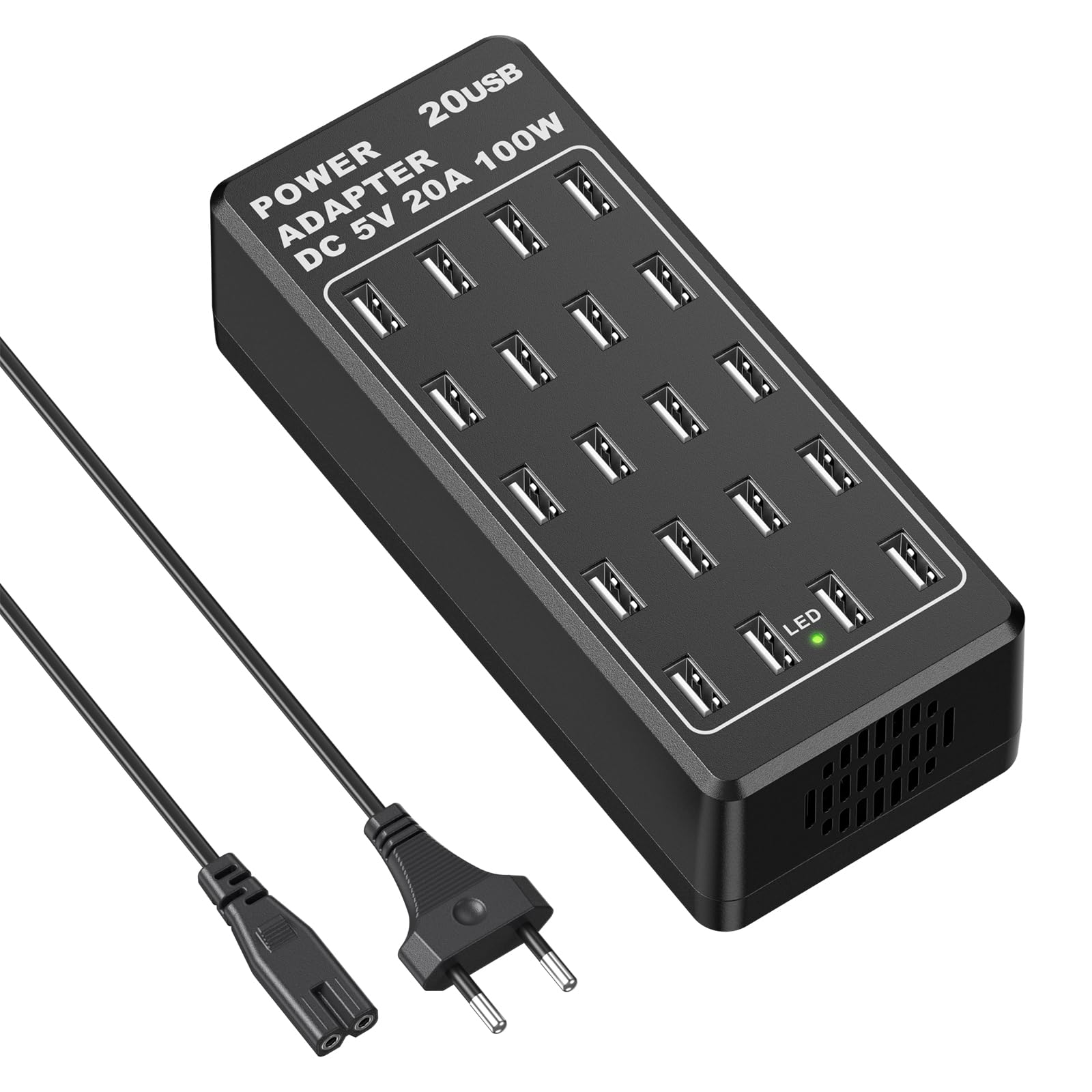 Caricatore USB, stazione di ricarica USB-A da tavolo a 20 porte, caricatore intelligente usb multifunzione da 100 W, compatible con iPhone 11/12/13/14/15/Samsung S22/S23/S24/Google Pixel/iPad/tablet