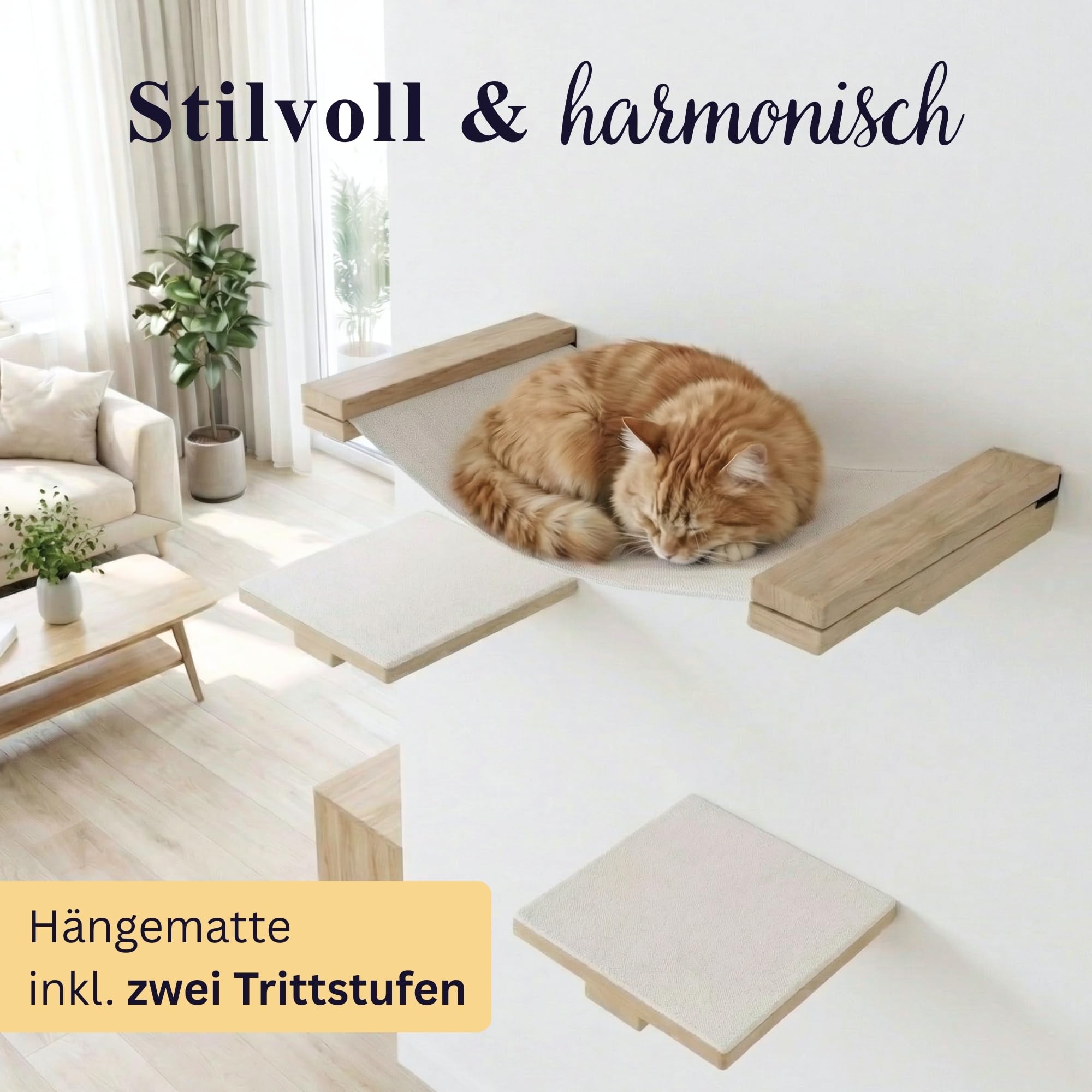 LUXOR Kletterwand Katzen Hängematte inkl. 2X Katzentreppe Wand & Befestigungsmaterial - Stabilität und Langlebigkeit Dank Massivholz und Stahlkonstruktion - mit kratzfestem Leinenstoff