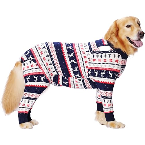 Dog Recovery Suit After Surgery Female Male, Soft Long Sleeve Dog Neuter Shirt Cone Alternatives, Prevent Licking Dog Surgical Onesies for Large Medium Dog Shedding Suit (5XL, Christmas Blue)