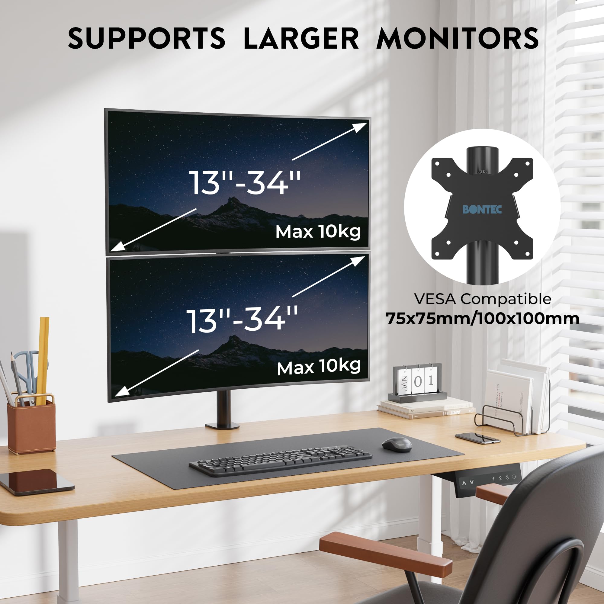 BONTEC Supporto Doppio Schermo Verticale, Braccio Doppio 13-34 Pollici Fino a 10 kg, Regolabile, Gestione Cavi, Supporto da Scrivania Robusto, Compatibile VESA 75x75 e 100x100, Supporto PC Ergonomico