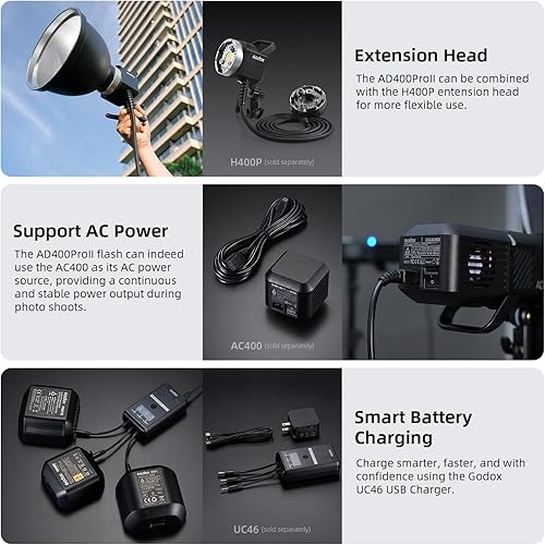 Vista 45 de GODOX AD400 Pro AD400Pro - Luz estroboscópica para exteriores, 400 W TTL portátil Flash Monolight, 390 estallidos de potencia completa, 0.01-1s
