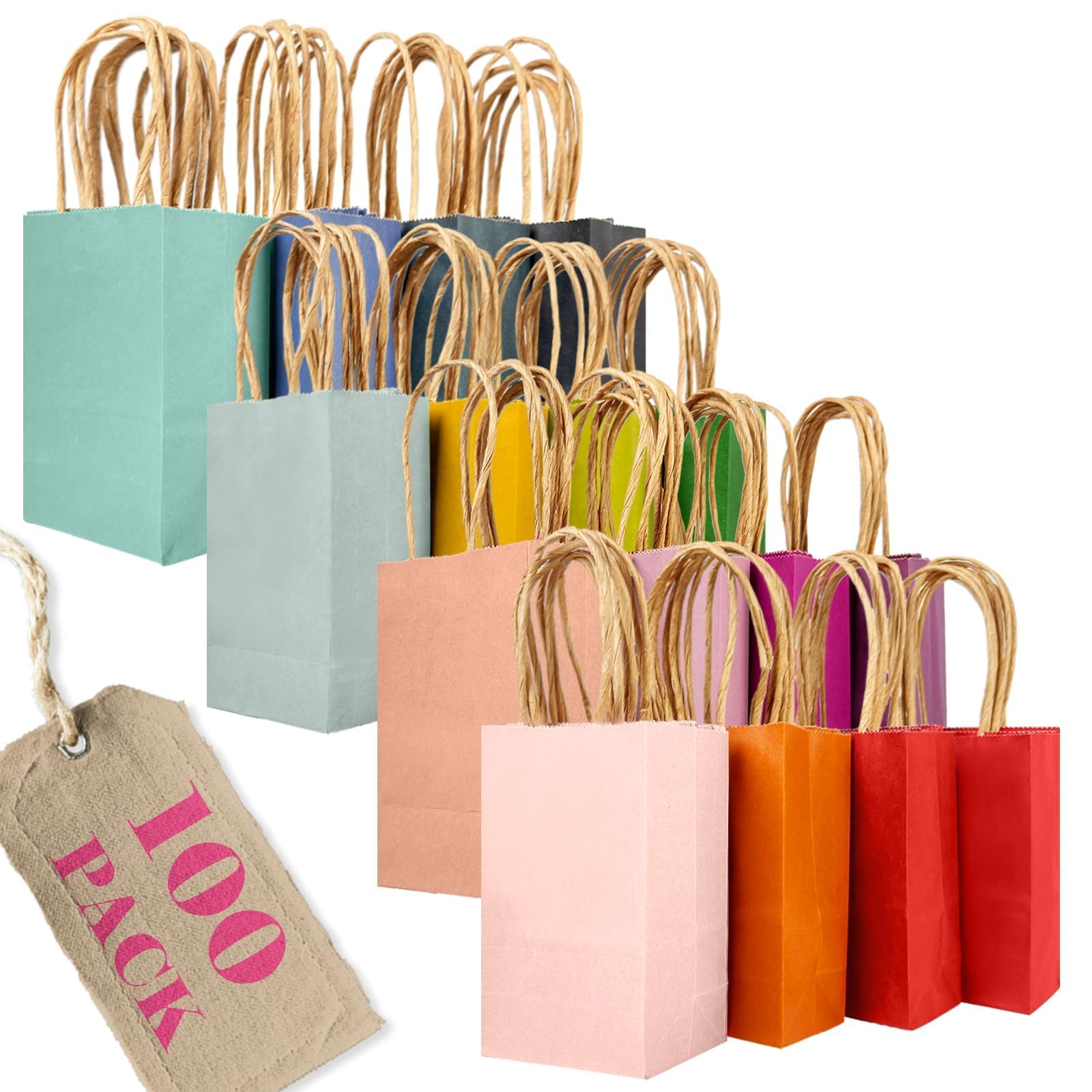 qiqee 100 szt. papierowych torebek na prezenty w rozmiarze mini z uchwytami - 10 x 6 cm × 15 cm małe torby imprezowe - 16 jednolitych kolorów