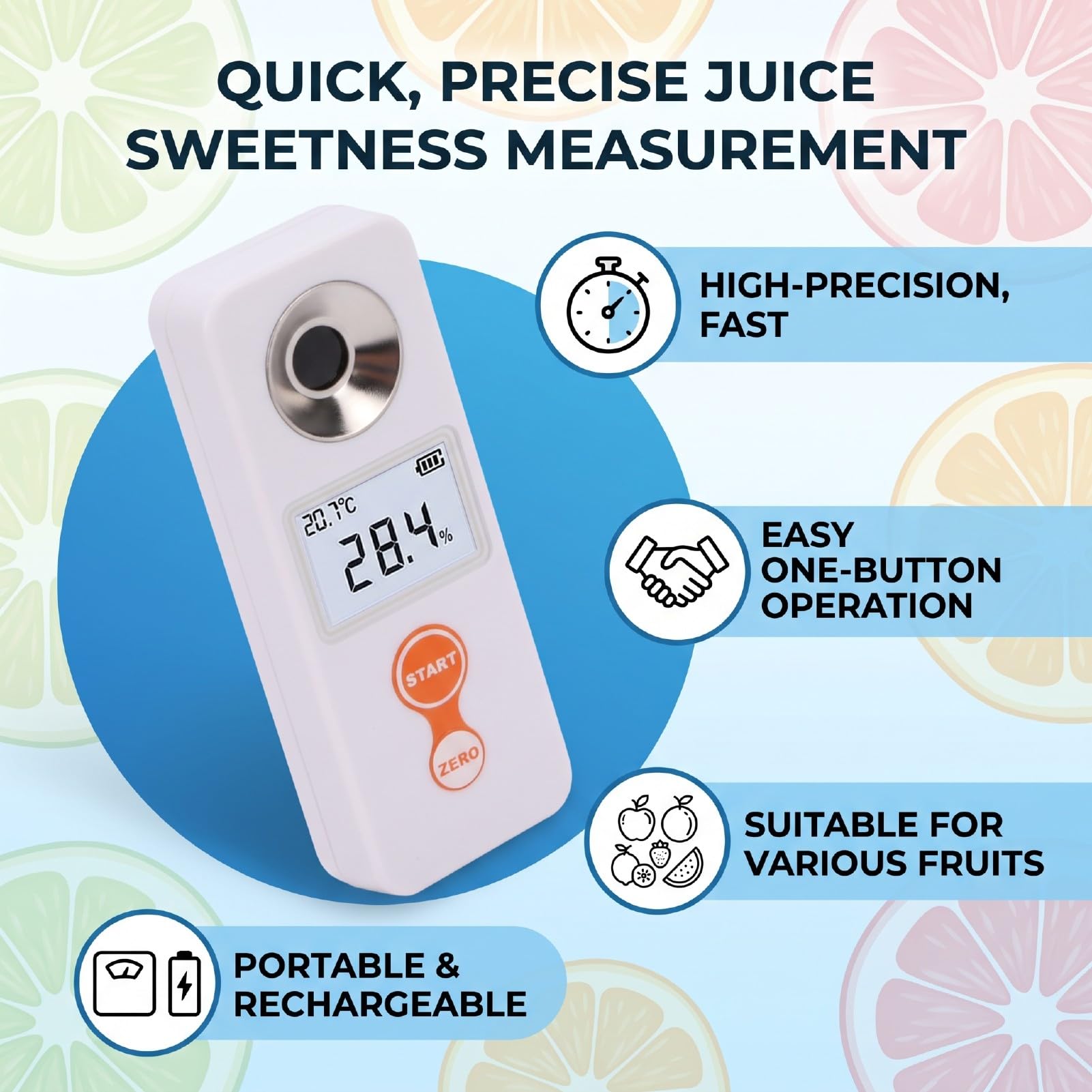 Refractómetro Digital Portátil para Frutas 0-32%, para Dulzura de Jugos