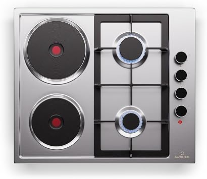 Klarstein MultiChef 4 Gas Electric Hob - 2 Gas & 2 Electric Zones 6300 W Stainless Steel Automatic Ignition & Shut-Off LPG & Natural Gas Compatible Cast Iron Pan Stand Compact 58 x 8 x 50 cm