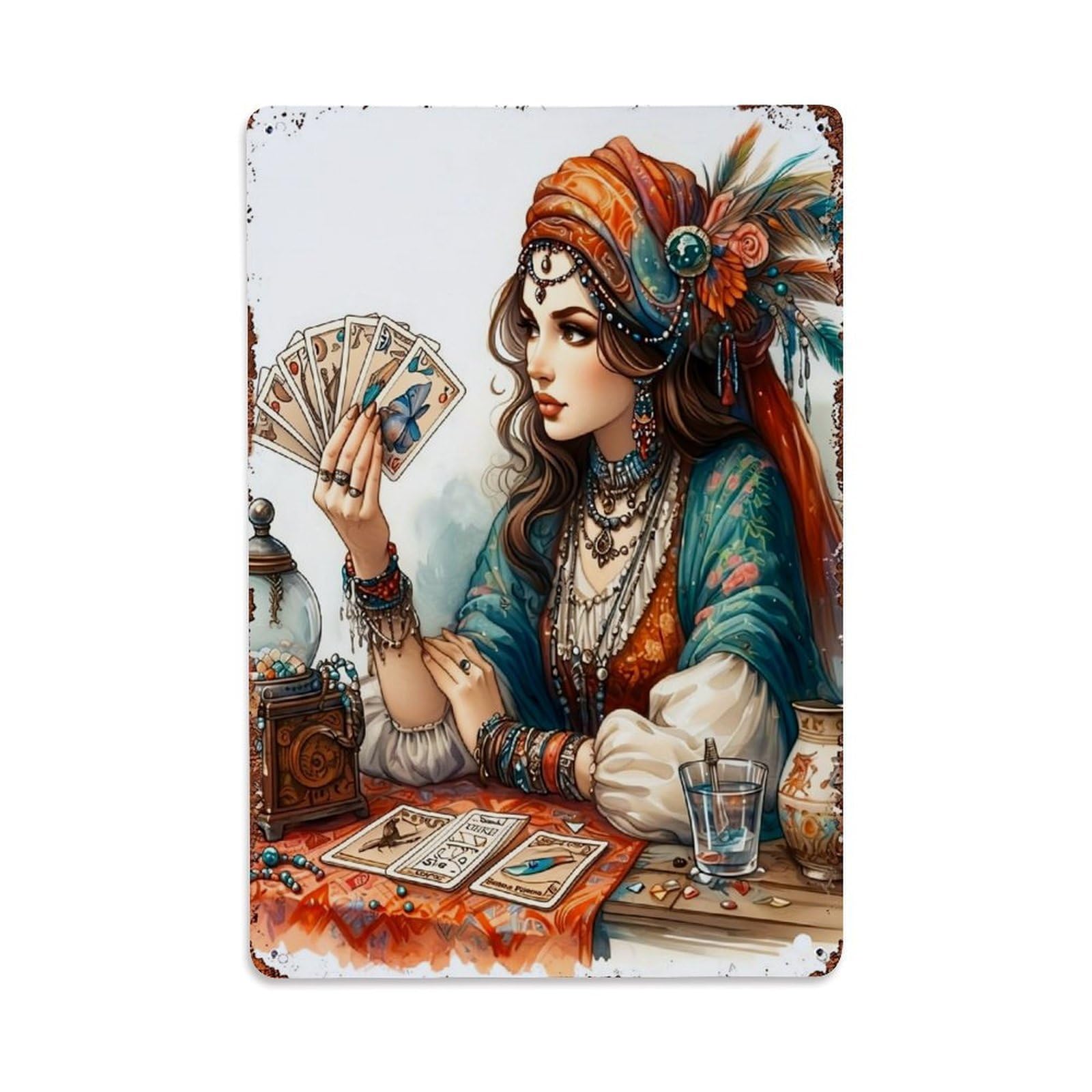 Jdfenggu Vintage Floral Pattern With Feathers And Beads Retro Metal Tin Sign, Decor Art Poster For Bar, Home, Man Cave, Kitchen, Laundry Room Gift 8X12inch