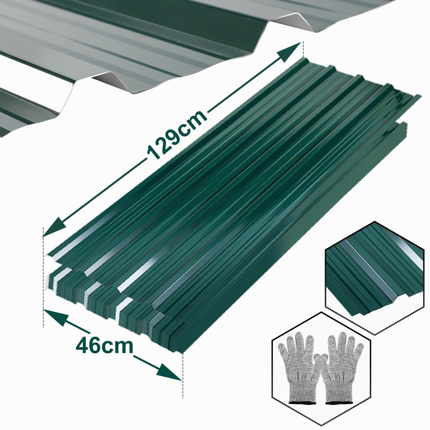 12x Tôles Trapézoïdales 129 x 46 cm - 7 m², Vert | Acier galvanisé, 0,25 mm Tôle ondulée pour toiture, Pour abri de jardin garage mur, Gants Anti-Coupures