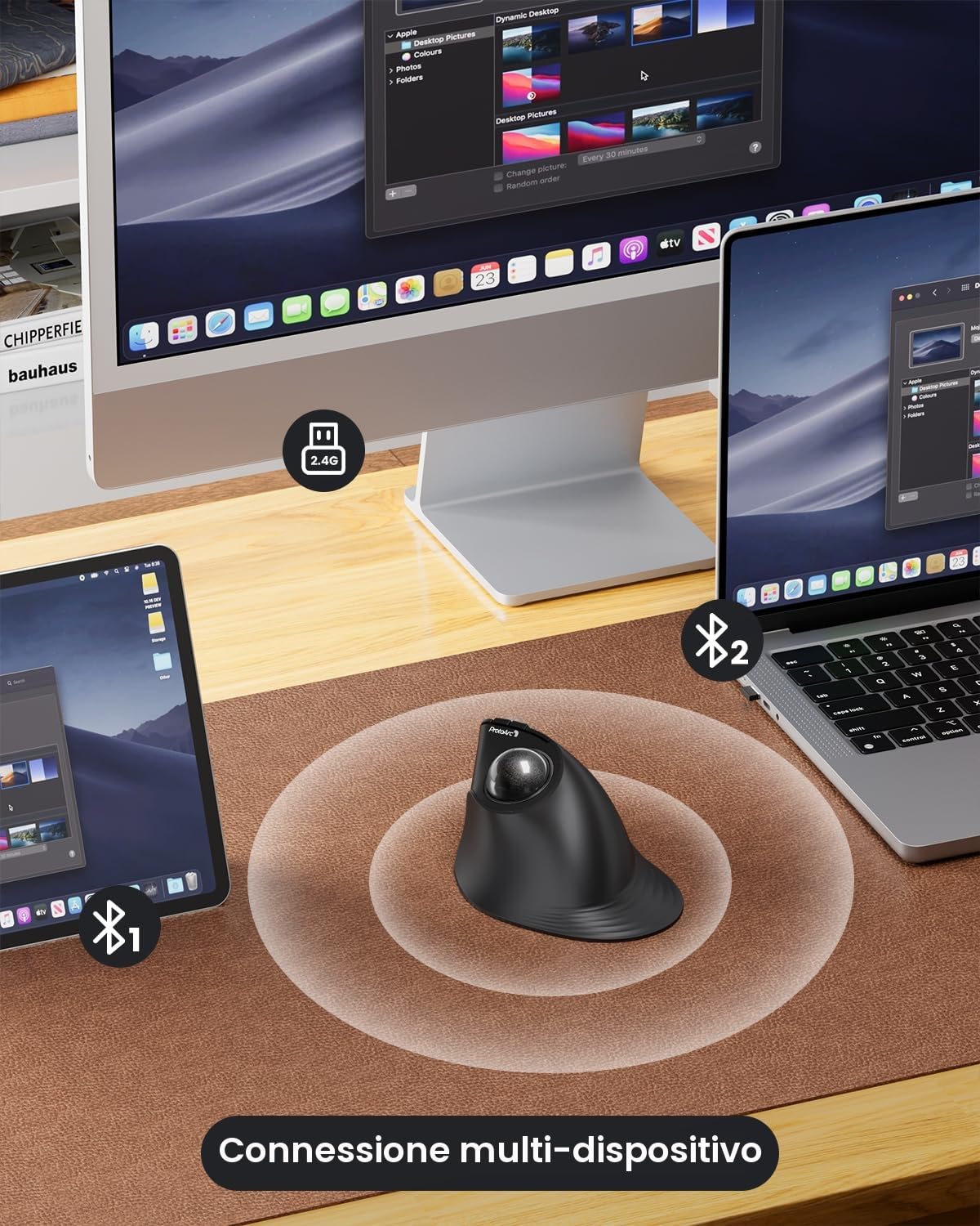ProtoArc Mouse Bluetooth Trackball Verticale, EM05 NL Mouse Wireless Ergonomico Ricaricabile (Bluetooth*2+2.4G), Controllo Pollice, Compatibile con iPad, Mac, Windows, PC - Nero