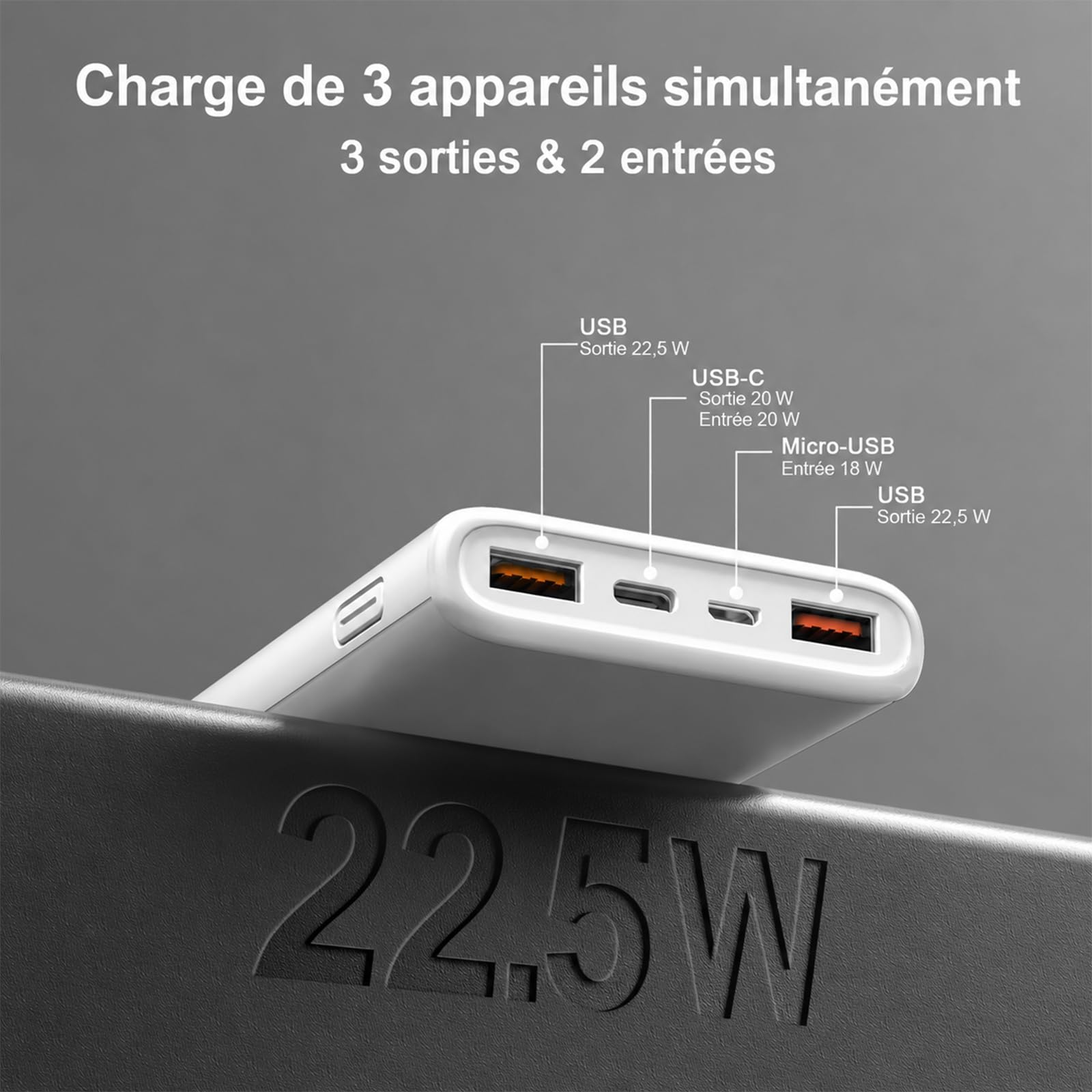 Batterie Externe 10000mAh, 22.5W Power Bank Charge Rapide Ultra Mince