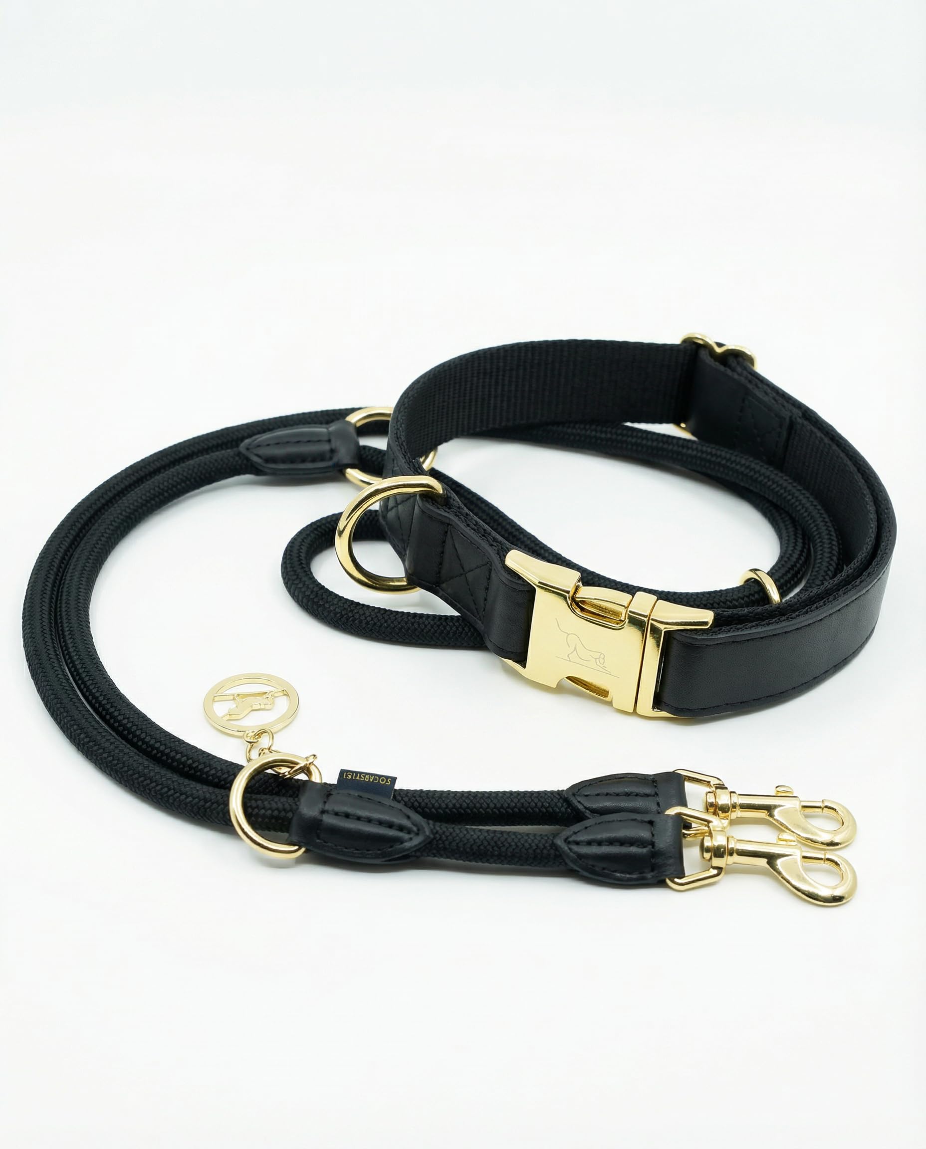 Midnight Hundehalsband & Leine Set | Veganes Leder Schwarz/Gold | Verstellbar | Kleine & mittelgroße Hunde (S/M 29–41 cm)