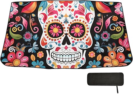 Umbrella Car Windshield Sunshade with Pouch Sugar Skulls and Colorful Flowers Sun Visor Windshield Shade,Foldable, Protect Interior & Keep Cool,Suitable Most Vehicles, 55