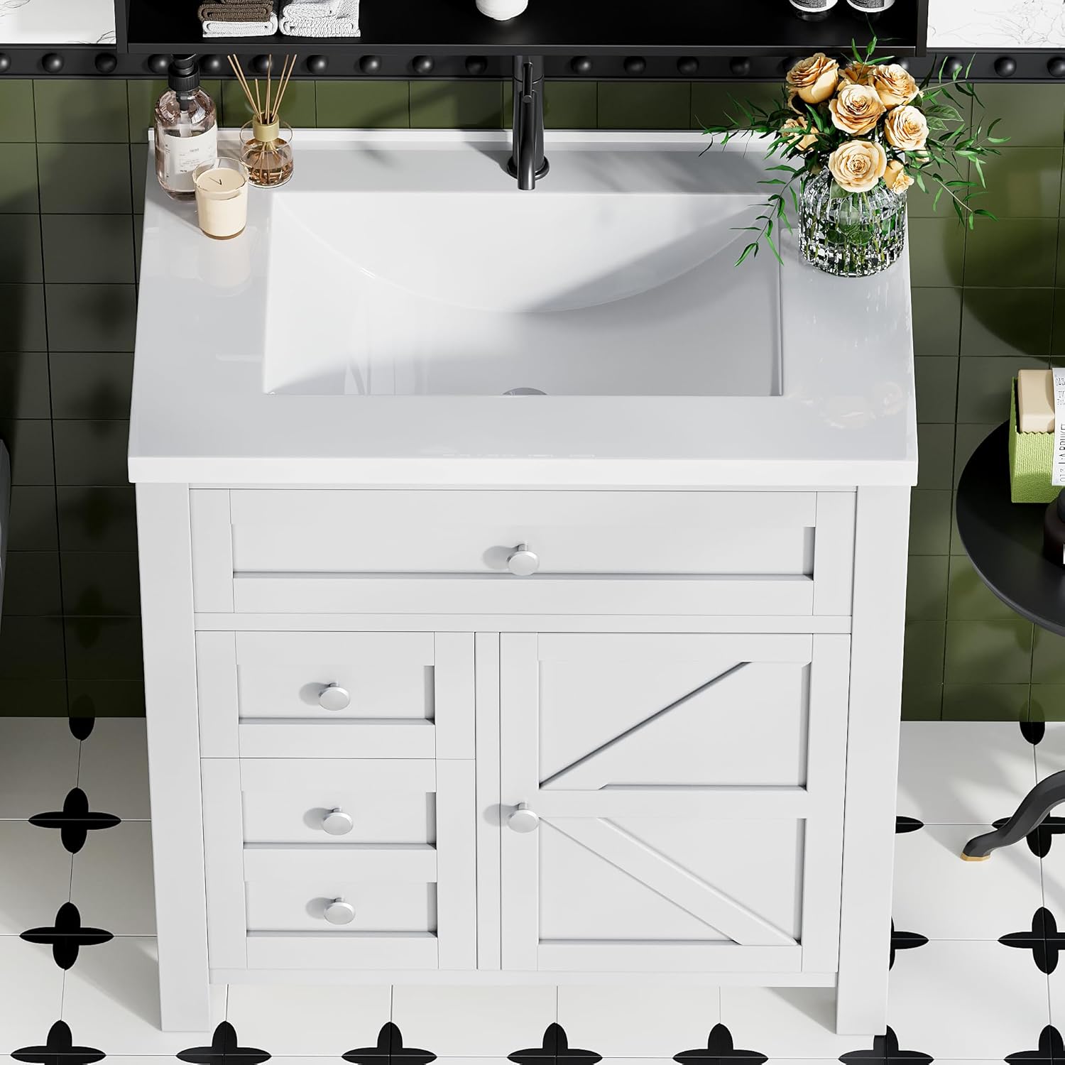 JUMMICO 30'' Bathroom Vanity with Single Sink Combo, Freestanding Modern Bathroom Sink Cabinet, 2 Drawers & 1 Flip-Down Drawer＆1 Door with Side Storage (White)