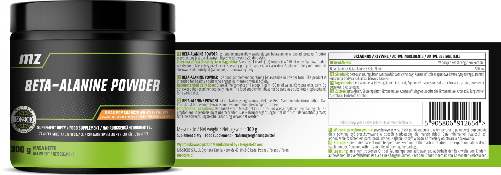 Bêta-alanine 800 mg – Poudre 300 g | 300 portions – Performances à l'entraînement et endurance – MZ