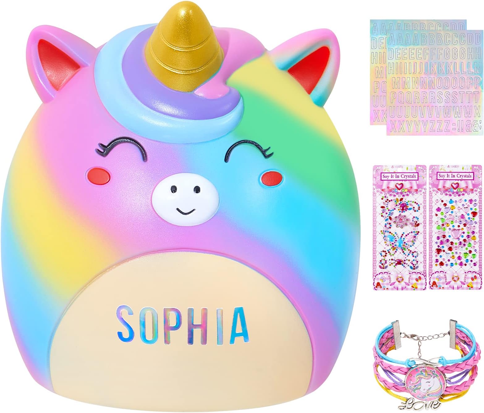 Play Tailor Piggy Bank Girls Unicorn Piggy Banks Cute Unbreakable Resin Coin Money Bank with Stickers Bracelet Set for Kids Toddlers, Rainbow
