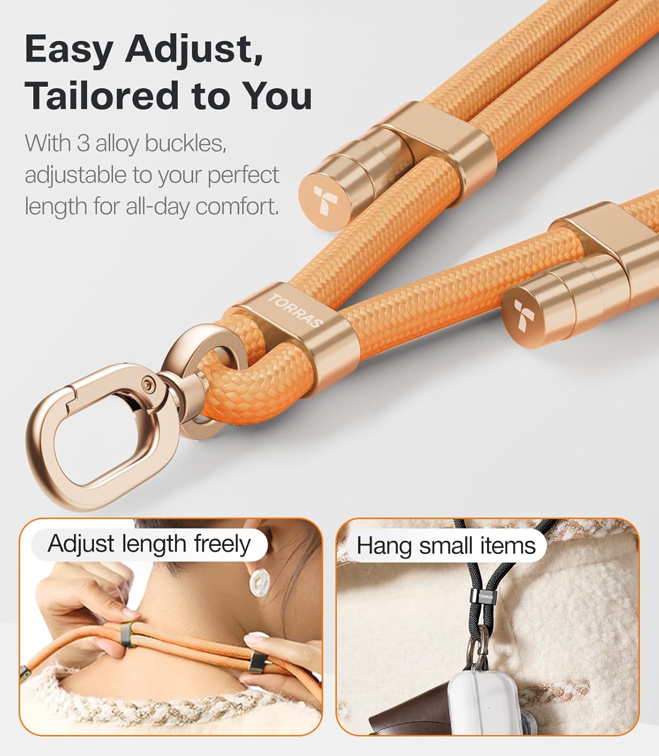 TORRAS Phone Lanyard Crossbody with 2 Phone Tabs, Adjustable Anti Theft Strap for All Cellphone, Premium Metal Buckles, Skin-Friendly, Universal Cellphone Neck lanyard for Travel Essentials, Orange - Image 3