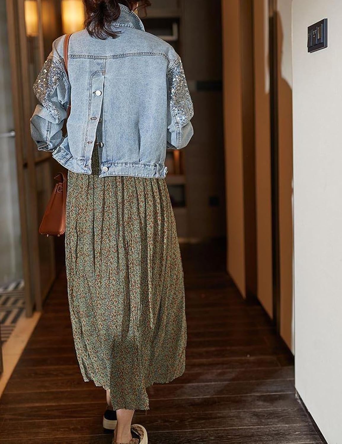 Women's Sequined Denim Jacket Long Sleeve Crop Jean Jacket Button up Jean Coat