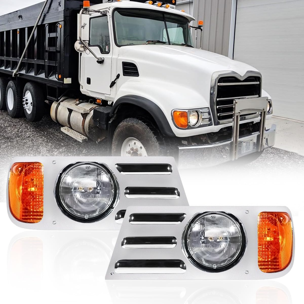 Headlights Assembly fit for Mack CV Replacement Left Driver and Right Passenger Side Headlamp Chrome