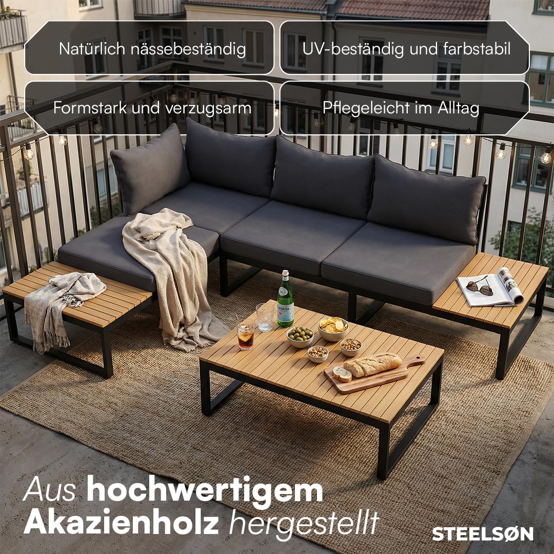 STEELSØN Zandra Gartenlounge Outdoor – modulares Gartenmöbel Set mit Ecksofa & Tisch wetterfest – Balkonmöbel aus Akazien Holz & Stahl mit Kissen in schwarz – Loungemöbel für Garten/Terasse/Balkon