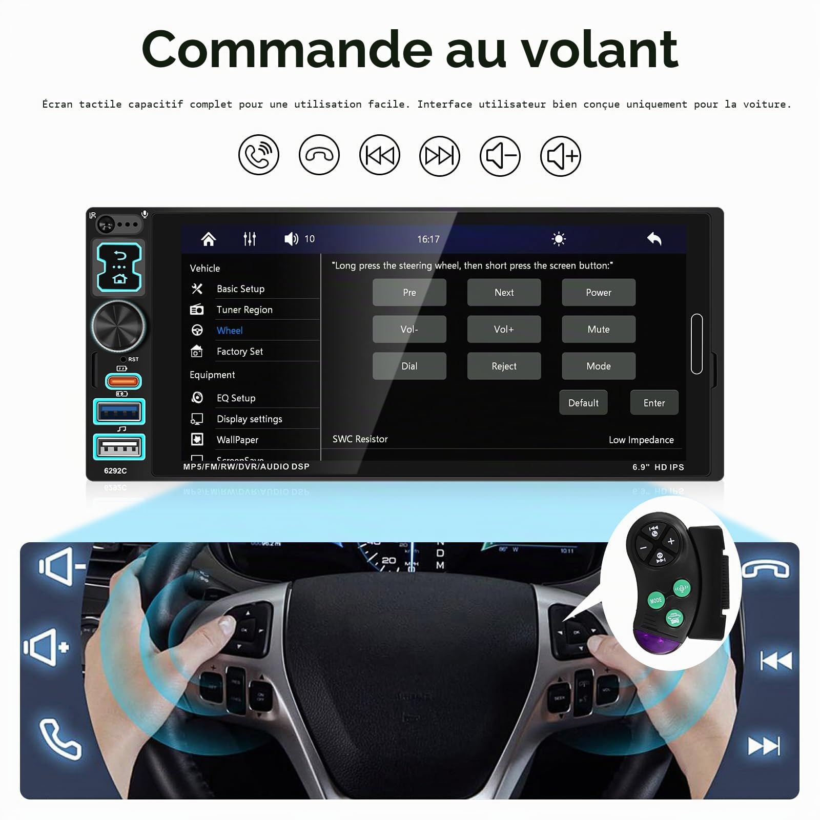 Autoradio 1 DIN Carplay Android Auto, Ecran Tactile 6.9 Pouces 1 Din Poste Radio Voiture Bluetooth Mains Libres, FM, Caméra de Recul, Microphone, USB/AUX/TF/EQ/DVR